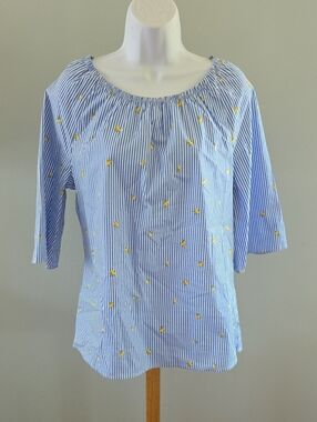 Como Vinrage Striped Blue Peasant Blouse with Yellow Embroidery - Medium